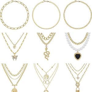 Sanfenly 9PCS Gold Layered  Multilayer Lock Coin Butterfly Chain Necklace Set